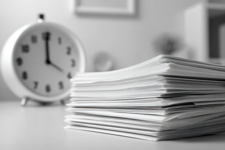 A grayscale image displays a stack of papers and a clock on a table. The composition includes a close-up of the paper stack with blurred background details. The lighting appears soft, creating gentle shadows. This image could be suitable for a variety of projects related to deadlines or time management.の素材