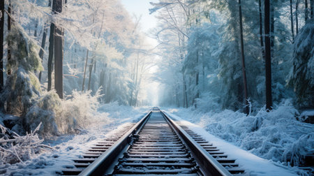 A railway track extends into the distance through a snow-covered forest during daylight. Trees are coated with ice and frost, illuminated by sunlight. The scene features a symmetrical composition with a natural, crisp aesthetic. Suitable for various editorial and commercial applications.の素材