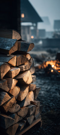 The image features a pile of firewood with textured surfaces, bathed in warm light. The composition reveals a misty, outdoor environment and a distant fire. The scene's warm tones contrast with the cool colors, creating an inviting visual. Suitable for various editorial and commercial applications.の素材