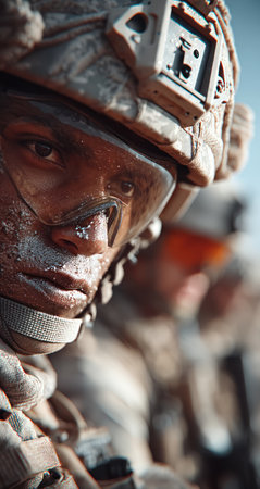 A close-up captures a soldier's face, showcasing camouflage and intense focus. The image uses warm tones, highlighting textures and details of the uniform. Composition suggests an outdoor environment, possibly a training exercise. Suitable for diverse editorial and commercial applications.の素材