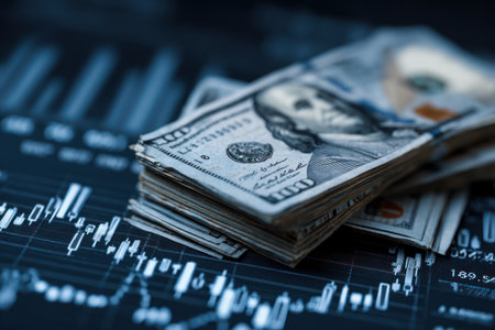 The image features a close-up of a stack of United States dollar banknotes placed atop a digital display with financial trading charts. The composition highlights the currency's details alongside abstract representations of market data. This could be used for illustrations in articles about economics, finance, or business news.の素材