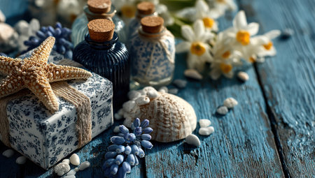 A close-up captures spa-related items arranged on a weathered blue wooden surface. The composition features a starfish, sea shells, decorative bottles with cork stoppers, and delicate white flowers. The lighting suggests natural daylight. Suitable for commercial projects or editorial use related to relaxation and wellness.の素材
