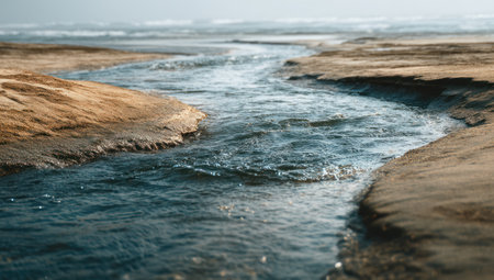 A stream of water snakes through sandy banks towards a blurry ocean horizon. The image features a cool color palette with blues and browns. The composition is a wide shot with shallow depth of field, giving a sense of space. The image could be used for various commercial or editorial purposes, promoting natural environments.の素材