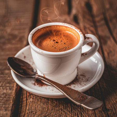 A close-up captures a white coffee cup filled with rich, dark liquid and steam. It sits on a matching saucer alongside a spoon. The scene displays warm tones, textured details, and natural lighting. Suitable for illustrations related to beverages, food, or lifestyle.の素材