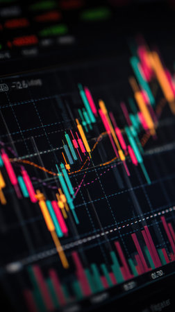 A close-up view presents a stock market graph displayed on a screen. The composition showcases colorful lines and bars, indicating financial data. The image is characterized by a dark background and a dynamic presentation suitable for various editorial and commercial applications.の素材
