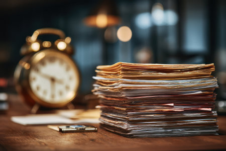 A close-up view presents a stack of papers on a wooden surface, accompanied by a golden alarm clock. Warm tones and soft lighting suggest an indoor environment, possibly a workspace. This image could be used for illustrating concepts related to business, time management, or document processing, providing a versatile visual for various projects.の素材