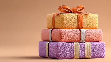 Three vibrantly colored gift boxes are stacked, each tied with a ribbon and topped with a bow. The composition features a neutral backdrop, enhancing the presentation of the gifts. The soft textures and warm lighting suggest a celebratory or festive setting. Suitable for various design projects, including marketing materials and promotional content.の素材