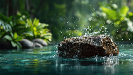 A stone plunges into water, creating a splash, captured with a soft focus effect. The image reveals vibrant greens in the surrounding foliage, with light playing on the water's surface. This evocative scene conveys a natural environment and could be used in diverse commercial projects, including environmental or lifestyle themes.の素材