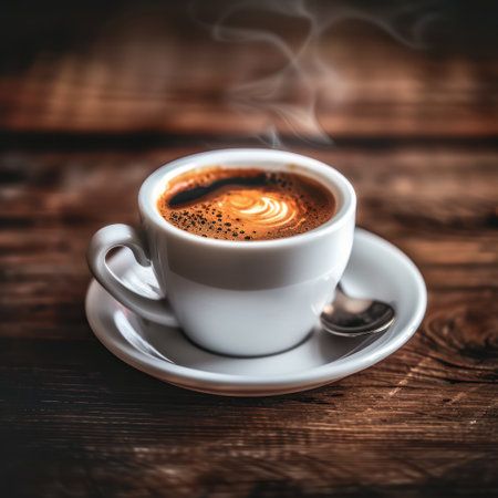 A close-up captures a white coffee cup filled with dark espresso. Steam rises, suggesting warmth. The cup rests on a saucer beside a spoon, placed on a textured, wooden table. The warm tones and soft lighting contribute to the inviting composition. Suitable for various projects including culinary or lifestyle content.の素材
