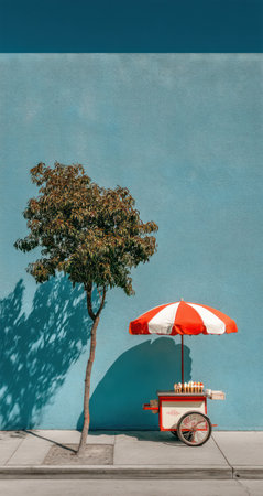 A red and white striped umbrella tops a vendor cart next to a tree, against a large, smooth blue wall. The composition captures the scene in strong sunlight, with shadows indicating a midday setting. This image is suitable for various commercial uses, including advertising and editorial projects.の素材