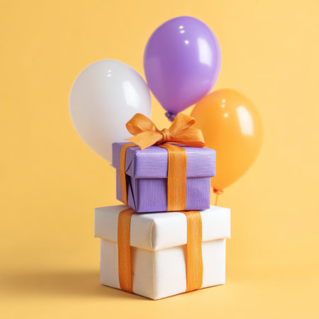 Two gift boxes are stacked with ribbons and bows. Three balloons are positioned behind the presents. The image features a vibrant color palette of yellow, purple, orange, and white. Overhead lighting creates highlights and shadows. Suitable for use in various commercial and editorial projects.の素材