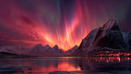Dramatic night scene showing a vibrant aurora borealis illuminating the sky above snow-capped mountains. The colorful display reflects in the calm water creating a mirrored effect. The composition uses a wide angle with a dark background. It is suitable for landscape and travel themes.の素材