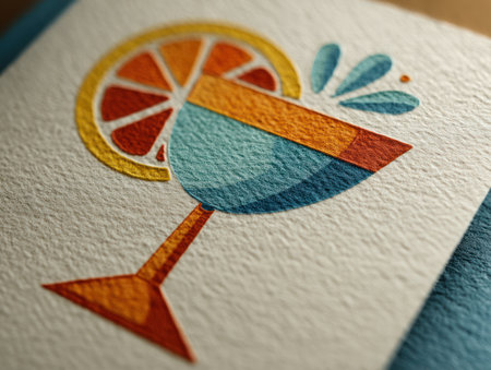 This image presents a stylized illustration of a cocktail, featuring a citrus slice and water splashes. The artwork utilizes vibrant orange, blue, and yellow hues, set against a textured white background. The composition suggests a celebratory theme, suitable for various promotional materials or editorial content.の素材