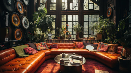 A spacious living room features a large orange leather sofa arranged in a curve around a central table. Large windows provide natural light to illuminate the space. The room is decorated with various objects, potted plants, and wall decor. Suitable for architectural, lifestyle, and design-focused projects.の素材