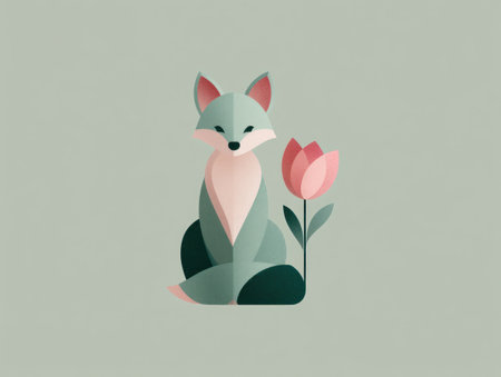 A geometric illustration depicts a fox beside a flower. The artwork showcases soft hues of green, pink, and white. The composition features clean lines and a minimalist style. Suitable for graphic design projects, presentations, and other commercial or editorial applications.の素材