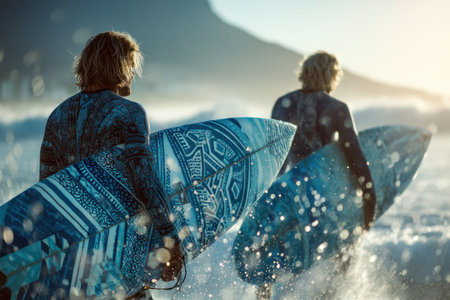 Two individuals carry surfboards, walking toward the sea under bright daylight. The scene showcases vibrant blue surfboards with unique designs, contrasting with the subjects' dark attire. The composition features a shallow depth of field, with soft sunlight and water spray. Suitable for various commercial and editorial applications, emphasizing adventure and water sports.の素材