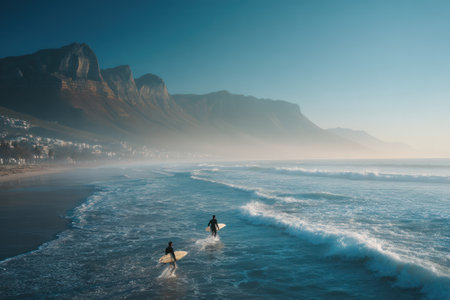Two individuals are seen surfing on ocean waves under a bright, clear sky. The image captures the motion of the water and the silhouette of the surfers. The natural light suggests a daytime scene, possibly on a coastline. Suitable for commercial applications such as stock photos or editorial illustrations.の素材