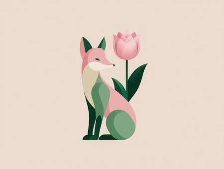 A stylized fox and a pink tulip are depicted in a flat vector illustration. The color palette includes pink, green, and cream hues on a neutral background. The composition is simple and graphic, ideal for design projects or use in marketing materials. This image may be suitable for various commercial applications.の素材