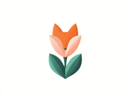 This image features a vibrant illustration of a fox combined with a flower, set against a clean white background. The design showcases bold colors, soft gradients, and a symmetrical composition. This artwork is suitable for various applications, including print and digital marketing materials, and editorial content.の素材