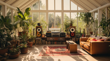 A bright indoor scene showcases diverse plants, audio equipment, and a comfortable sofa. The composition is bathed in natural light, creating an inviting atmosphere. The image could be used in advertising, editorial content, or design projects. The setting has a bohemian or a relaxing style.の素材