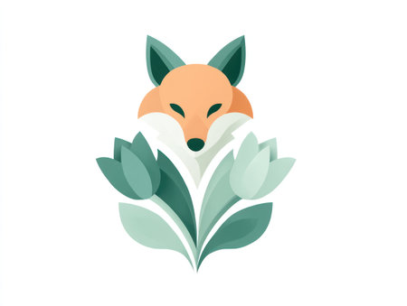 A vibrant illustration features a stylized fox head nestled amongst teal-colored tulip blossoms. The design employs a gradient style, with soft shadows and highlights that suggest a gentle light source. This image, presented against a clean white backdrop, could be ideal for branding, website graphics, or various decorative applications.の素材