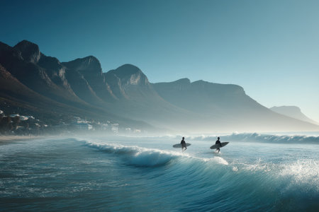 Two individuals surf on ocean waves near a mountain range. The scene features a clear blue sky, soft sunlight, and a dynamic composition. The image's color palette includes various shades of blue and white, which creates a serene atmosphere. Suitable for a variety of commercial and editorial applications.の素材