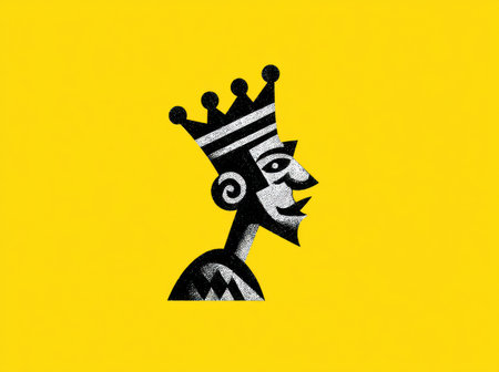 A graphic illustration depicts a stylized king profile with a crown against a solid yellow background. The image features a limited color palette of yellow, black, and white, with contrasting light and dark areas. Suitable for various applications, including editorial and commercial projects.の素材
