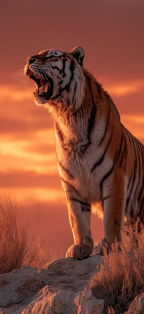 A tiger is shown roaring in a dramatic outdoor setting. The image features warm tones with striking orange and yellow hues in the background. The animal is the main subject with a focus on its facial expression. This image could be used for various commercial purposes and editorial content.の素材