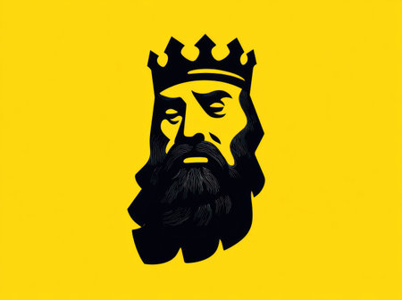 A striking graphic features a king's head with a crown, rendered in black against a bright yellow backdrop. The image utilizes a bold, simplified style, emphasizing strong contrast and clean lines. The composition suggests a formal setting, suitable for various design projects and commercial applications, including editorial and marketing visuals.の素材