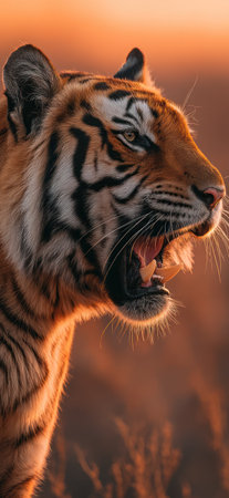 A close-up portrait showcases a tiger with its mouth open, revealing teeth, under warm lighting. The image exhibits vibrant orange and black colors, with a soft focus in the background. It depicts the animal in a natural environment, potentially suitable for various commercial or editorial applications.の素材
