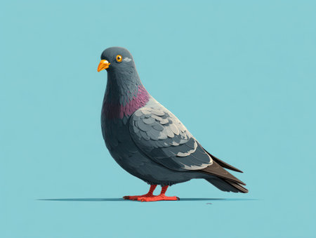 A digital illustration features a pigeon with detailed feathers, perched against a solid light blue backdrop. The bird displays a vibrant yellow beak and red feet. The artwork uses a clean, graphic style, suitable for various design applications including editorial and commercial projects.の素材