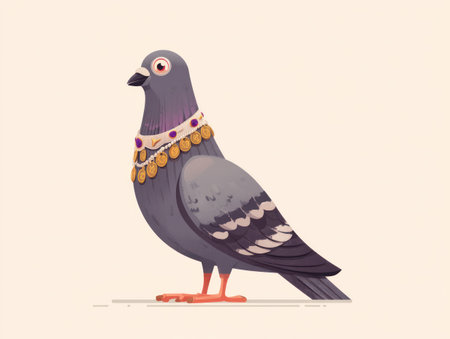 A cartoon illustration showcases a gray pigeon adorned with golden ornaments. The bird is depicted in a flat design style against a neutral background. The image features soft color gradients and outlines, suggesting a simple yet appealing visual aesthetic suitable for various commercial or editorial applications.の素材