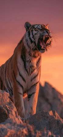 An impressive tiger stands roaring against a backdrop of a warm sunset. The image showcases the animal's powerful presence with detailed fur and open mouth. The scene features warm color palettes and is possibly suitable for use in wildlife publications or nature-themed marketing.の素材