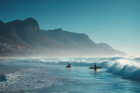 Two figures carry surfboards through the water, heading towards ocean waves. The scene presents a coastal landscape with mountains in the background. The image features a cool color palette with shades of blue and white, suggesting a day with clear skies. Suitable for various editorial or commercial projects.の素材