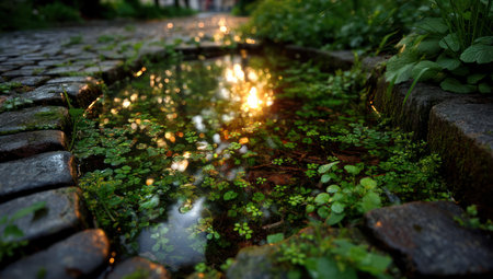 A close-up view presents a small pool reflecting light, surrounded by lush green plants. The composition showcases detailed textures and a shallow depth of field, emphasizing the natural beauty of the scene. This image could be used for various projects needing a touch of nature's beauty or a sense of tranquility.の素材