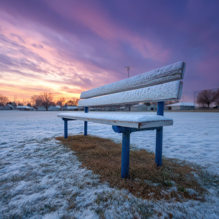 A park bench sits in a snowy field beneath a dramatic sky painted with hues of purple, pink, and orange. The composition highlights the bench with its blue legs and white seat, contrasting with the cold, wintry ground. This image might be suitable for editorial use or as stock imagery for various design projects.の素材