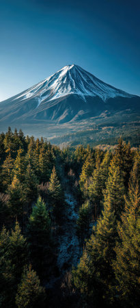 An image captures a snow-covered mountain with a lush forest in the foreground. The sky is clear, providing a bright blue backdrop. The natural landscape is composed of green trees and white snow, creating a serene environment. This scene is suitable for various commercial or editorial uses.の素材