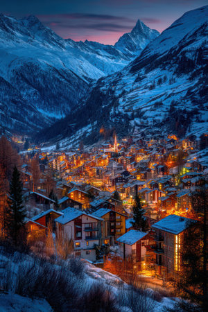 An aerial view presents snow-covered mountains towering over a village at dusk. The houses and buildings below are brightly illuminated, contrasting with the dark mountain slopes. The composition features a natural outdoor setting, using warm and cool colors. This image would suit commercial projects and editorial content.の素材