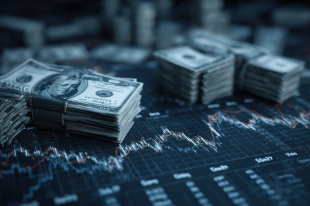 The image showcases stacks of hundred dollar bills placed on a digital financial chart. The composition features a shallow depth of field, with the money in focus. The chart presents an abstract representation of trends, possibly related to economics or finances. This setup is suitable for materials concerning economics, business or money.の素材