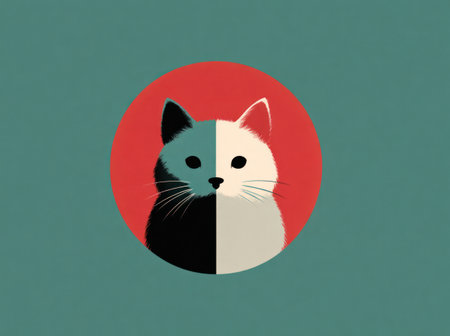 This graphic illustration presents a symmetrical cat design featuring divided black and white colors within a red circle. The image is set against a solid green background with a flat, two-dimensional style and minimal detailing. Suitable for various design projects, this artwork could be applied in editorial and commercial contexts.の素材