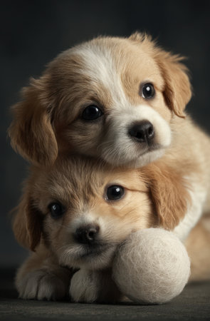 This heartwarming image presents two young puppies nestled together. The puppies display light brown and white fur, complemented by dark eyes and noses. The composition focuses on their faces, highlighting the soft texture. Suitable for various projects, the image can be used to convey warmth and tenderness.の素材