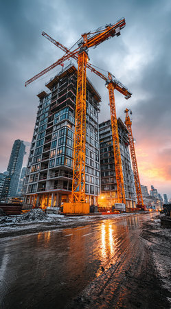 The image features multiple construction cranes actively working on the construction of several high-rise buildings. The scene showcases a modern architectural style under a vibrant, colorful sky at dusk. The wet road surface reflects the warm light, creating an appealing visual composition potentially suitable for commercial and editorial purposes.の素材