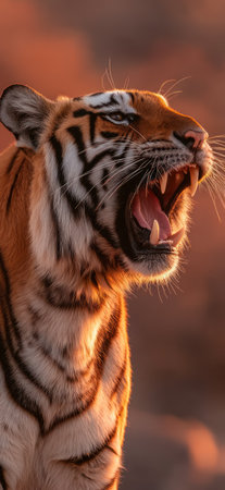 A close-up captures a tiger mid-roar with a wide-open mouth displaying sharp teeth. The image showcases the animal's orange and black striped fur. The lighting suggests sunlight creating a warm, vibrant color palette. It may be used for various commercial or editorial applications.の素材