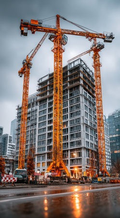 Three bright orange construction cranes dominate the view, positioned near a tall building under construction. The image features a modern architectural style, with a wet road reflecting the overcast sky. The scene is lit with artificial and natural light, suggesting urban development and suitable for commercial applications.の素材
