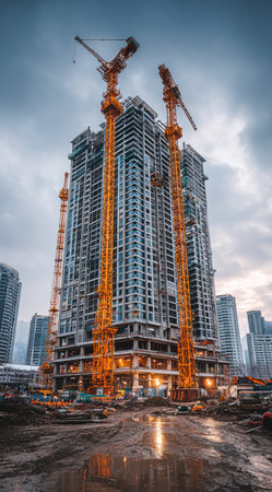 A high-angle view captures a skyscraper under construction, dominated by tall cranes. The architecture shows a complex interplay of steel and concrete, with a cloudy sky providing background. The scene suggests an urban setting. Suitable for illustrating infrastructure, development, or construction-related themes in various projects.の素材