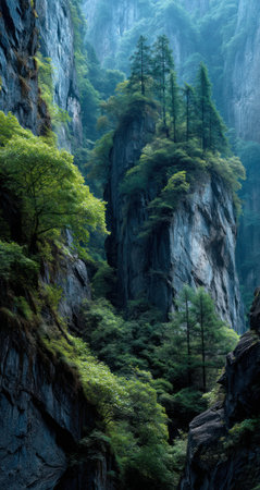 This image depicts imposing rock formations covered in lush greenery. The composition showcases an abundance of textures and a cool color palette dominated by blues and greens. The scene evokes a sense of depth and mystery, possibly suggesting a remote natural environment. It may be suitable for editorial content or commercial projects.の素材