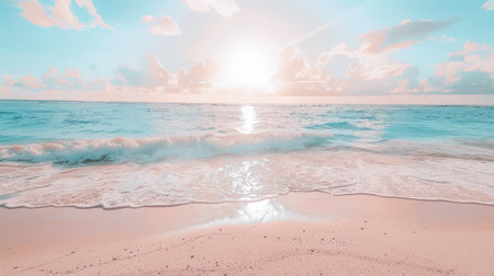 The image captures a serene beach with gentle waves meeting the shore. The scene is dominated by shades of blue and pink, reflecting the sky and the water. Soft sunlight illuminates the composition, creating a sense of calm. Suitable for a variety of uses, including travel and nature themes.の素材