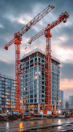 Two large construction cranes stand prominently next to a building under construction. The image captures the structure in the midst of a build with visible floors and windows. A blend of orange, red and grey hues dominate the scene, enhanced by dramatic lighting. This image could be used for construction, industry and development projects.の素材