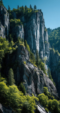 This image showcases a dramatic vista of high cliffs and abundant green foliage. The composition features sharp rock formations contrasted with the soft textures of the trees. The scene is illuminated by daylight, suggesting an outdoor environment perfect for various commercial or editorial applications.の素材