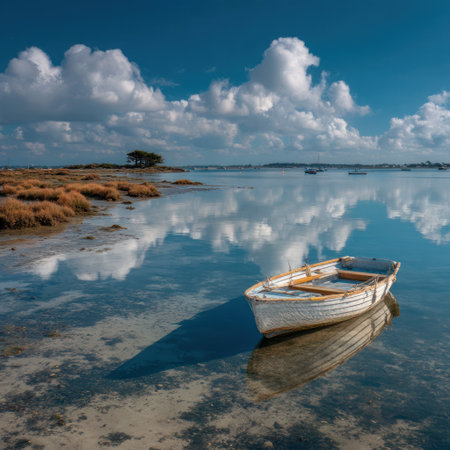 A small boat drifts serenely on the water, mirroring the puffy white clouds against a bright blue sky. The scene is illuminated by natural sunlight, showcasing the calm water and surrounding landscape. This imagery could be used for various commercial projects related to nature or travel, offering a sense of peace.の素材